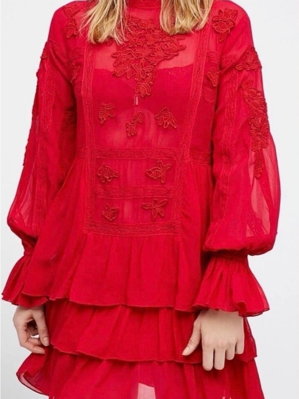 Free People Red Embroidered Tiered Mini Dress XS NWOT